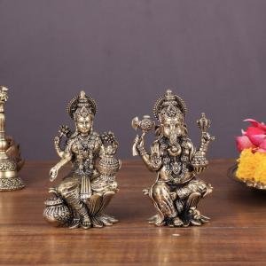 Brass Ganesha and Lakshmi Idol Pair Seated on Lotus - 4" Height